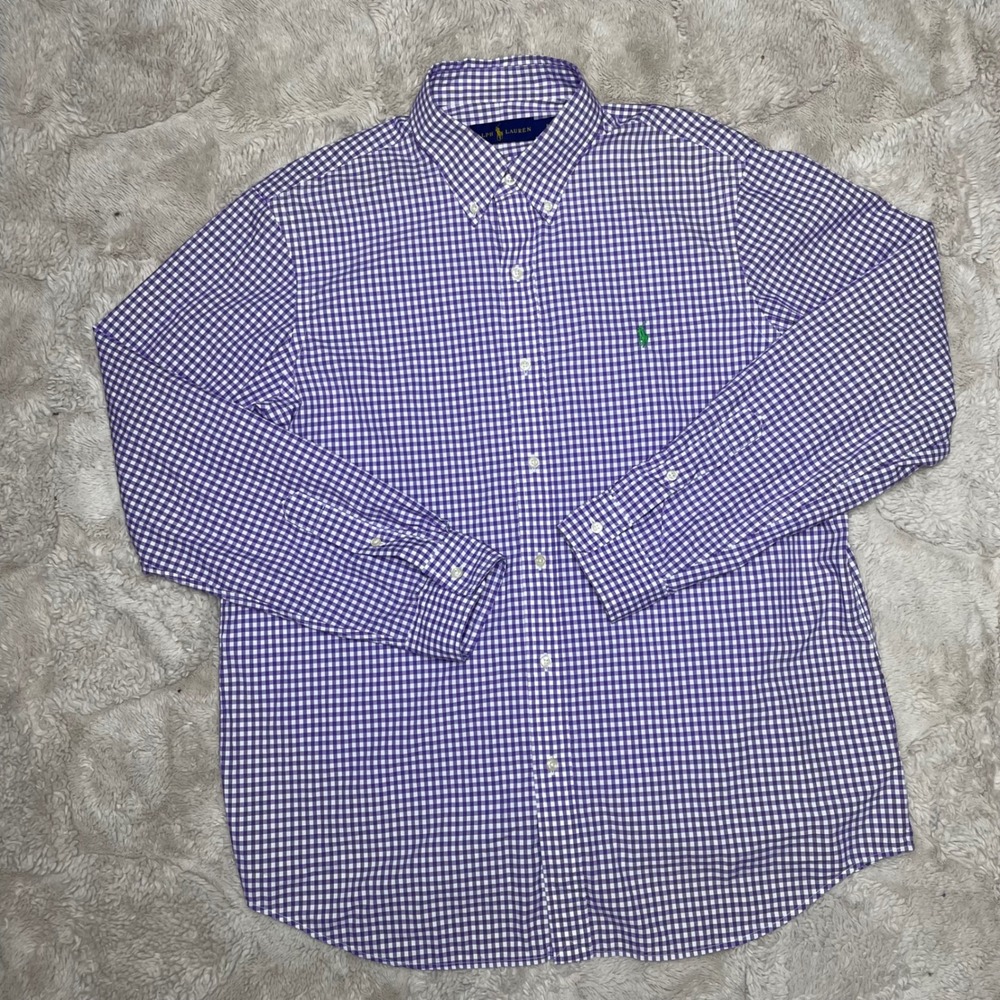 Ralph Lauren Mens XL Gingham Button Down Shirt PurpleWhite Long Sleeve Pony Logo - Picture 3 of 7